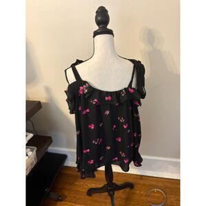 CeCe womens tie neck black with flowers blouse Size M